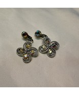 Aurora Borealis Crystal Clip On Earrings Vintage Silver Drop Flower Style - $14.99
