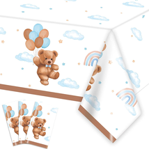 3 Pieces Teddy Bear Baby Shower Tablecloths Plastic Table Cover, Boho Brown Blue - £12.09 GBP