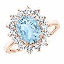 ANGARA Rectangular Cushion Aquamarine Ring with Diamond Floral Halo - £1,992.24 GBP