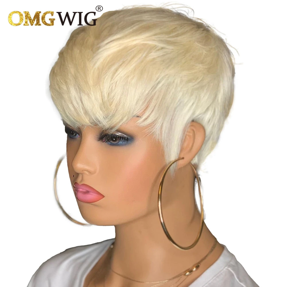 613 Honey Blonde Color Wavy Short Bob Pixie Cut Wig With Bangs Indian Remy Hum - £32.19 GBP+