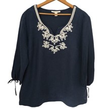 JM Collection Linen Embroidered Top M Beaded Tunic Shirt Navy Blue White Blouse - £20.95 GBP