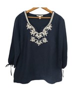 JM Collection Linen Embroidered Top M Beaded Tunic Shirt Navy Blue White... - £21.00 GBP