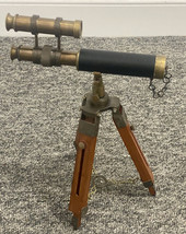 Brass Nautical Double Barrel Leather Imperial Telescope With Wooden Tripod Stand - £39.47 GBP