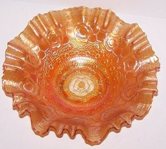 Exquisite Vintage 8 5/8&quot; Marigold Carnival Art Glass Flower Pattern Ruffled Bowl - £41.77 GBP