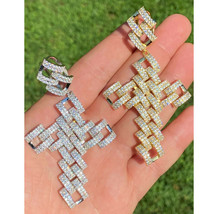 Herren Künstlicher Diamant Groß Religiös Kubanisch Kreuzanhänger 14K Vergoldet - £231.11 GBP