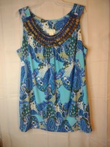 MAURICES Blue/Green Paisley Dress Casual Tank Top With Beaded Deco 1X - £6.29 GBP
