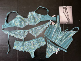 Victoria&#39;s Secret Unlined 38D Bra Set+Garter+Xl Thong Teal Turquoise Green Lace - £150.16 GBP