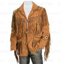 New Men American Western Traditional Brown Suede Leather Jacket Fringes Beads-59 - £171.99 GBP