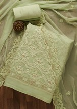 salwar kameez unstiched suit fabric Pista Green Threadwork embroidery Georgette - £110.20 GBP