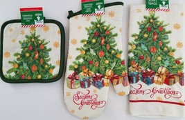 Christmas Linen Pot Holders Oven Mitts Towels ‘Seasons Greetings’ Christmas Tree - £2.35 GBP