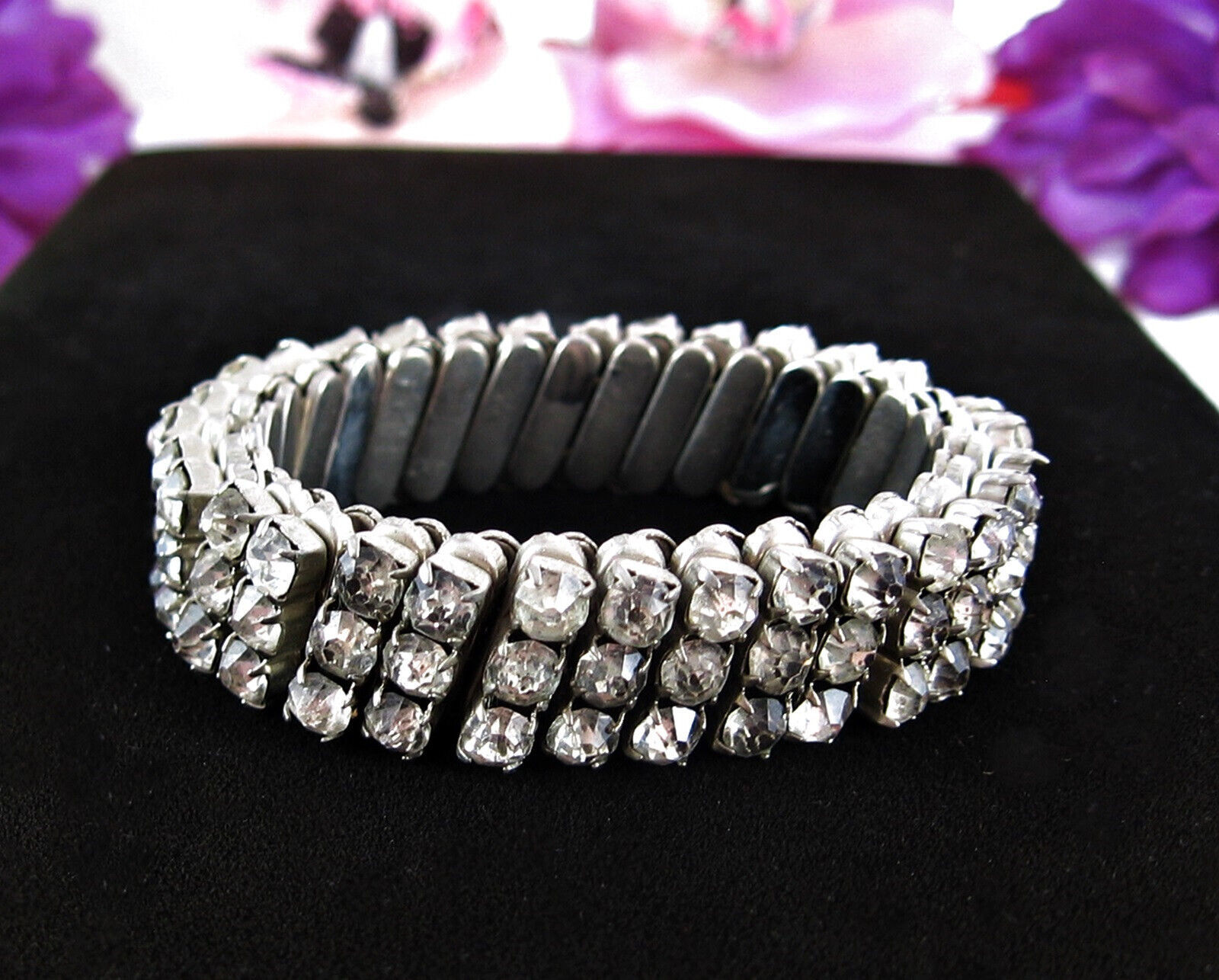 Vintage RHINESTONE EXPANSION BRACELET Silvertone Clear 5&quot; Unstretched 1/... - $14.84