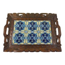 Mexican Hand Carved Wood Ceramic Art Tile Blue Yellow Serving Tray 18&quot; B... - £51.40 GBP