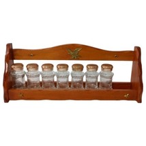 Colonial Wooden Spice Rack Shelf 7 Glass Jars Brass American Eagle Stars Vintage - £43.00 GBP