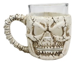 Grinning Skull Drinking Mug 7oz Resin With Glass Cup Insert And Spine Handle - £19.97 GBP