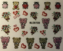 Nail Art 3D Decal Glitter Stickers Valentine&#39;s Day Teddy Bears Hearts BLE973D - £2.70 GBP