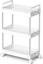 Ronlap 3 Tier Slim Storage Trolley, Mobile Shelving Unit With Handle Hook, White - £31.16 GBP