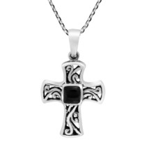 Intricate Filigree Cross of Faith Black Onyx Stone Inlay Necklace - £16.02 GBP