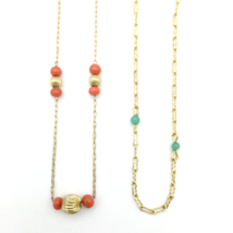 GREEN &amp; CORAL bead station necklace set - 2 delicate gold-plated chokers... - £18.08 GBP