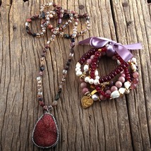 RH Fashion Boho Jewelry Set Semi Precious Stone Knotted Natural Stones Druzy Cha - £43.41 GBP