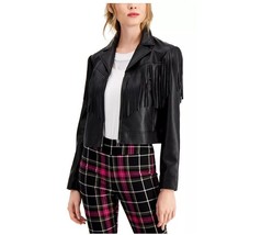 Bar III Womens S Deep Black Fringe Faux Leather Cropped Jacket NWT BE85 - £39.07 GBP