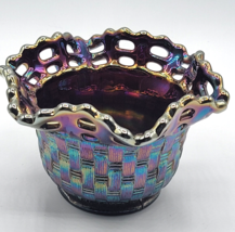 Fenton Vintage Amethyst Carnival Art Glass Basket Weave Iridescent Bowl - £39.29 GBP