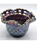 Fenton Vintage Amethyst Carnival Art Glass Basket Weave Iridescent Bowl - £39.30 GBP