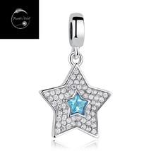 Genuine 925 Sterling Silver Star Dangle Pendant Charm With Blue Cubic Zirconia - £15.93 GBP