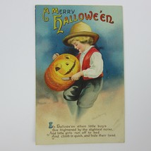 Vintage Halloween Postcard Boy Carves Jack-O-Lantern Pumpkin Clapsaddle Embossed - £31.89 GBP