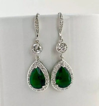 14k White Gold Plated Silver 2.20Ct Simulated Green Emerald Drop/Dangle Earrings - £94.25 GBP