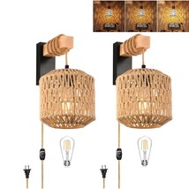 Plug In Wall Sconces,Rattan Boho Wall Sconce Decor Set Of Two,Dimmer Wall Lamp L - £62.87 GBP