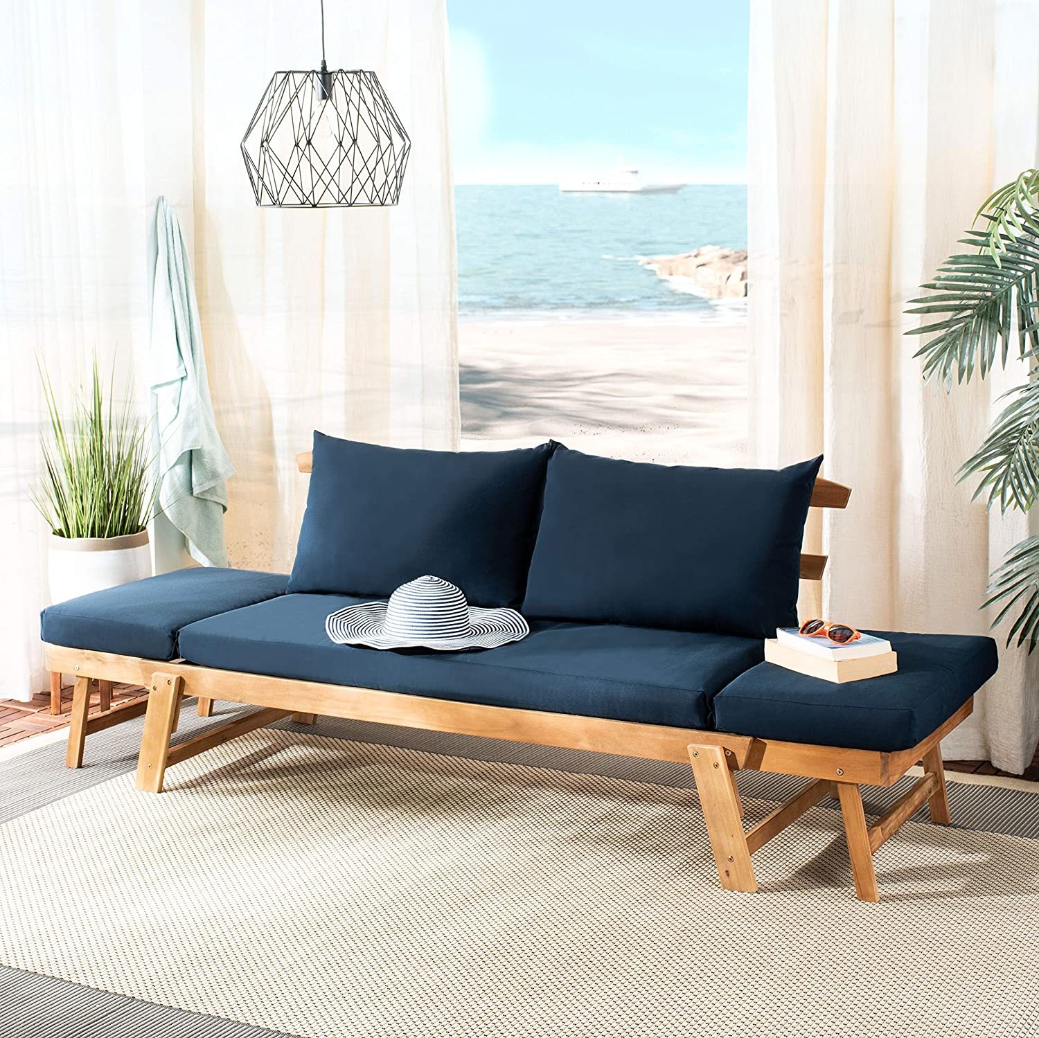 Safavieh Pat6745D Tandra Teak Modern Contemporary Daybed Day Bed, Natural/Navy - $512.95