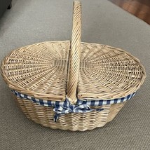 Wicker Picnic Basket with Blue &amp; White Checked Cloth Lining Dual Flip Top Lid - £31.64 GBP