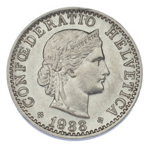 1933 Suiza 20 Rappen Moneda (About que No Ha Circulado, Au Estado) Km#29 - $93.66