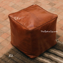 Set of 2 Handmade &amp; Stitched Moroccan Pouf Square, Genuine Leather, Brown Color - £110.26 GBP