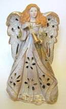 Decorative Ceramic Angel Tealight Holder Gold Painted Trim 10 3/8 Inches - £25.17 GBP