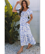 Sky Blue Floral Print Square Neck Bubble Sleeve High Waist Maxi Dress - $541.71 MXN