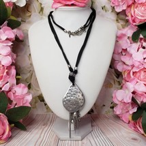 PREMIER DESIGNS Black Cord Silver Tone Hammered Pendant Necklace Charmed Tassel - £14.99 GBP