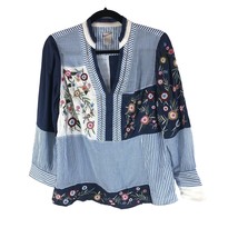 Chicos Patchwork Embroidery Top Popover V Neck Striped Floral Blue Size 0 US 4/6 - £6.25 GBP