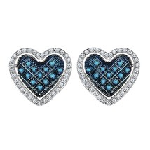 1/2CT Blue &amp; White Simulated Diamond Heart Stud Earrings 14K Gold Plated Silver - £29.41 GBP