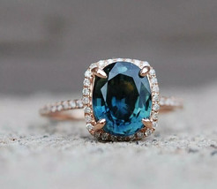 14k Rose Gold Plated 2.3Ct Oval Simulated London Blue Topaz Engagement Halo Ring - £110.78 GBP