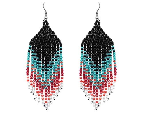 Long Multicolored Cech Glass Seed Bead Fringe Large Beaded Dangle Earrings - Wom Item image 2