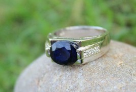 Blue Sapphire Men Ring Sterling Silver blue sapphire Band 8x10 mm Oval sapphire - £70.90 GBP