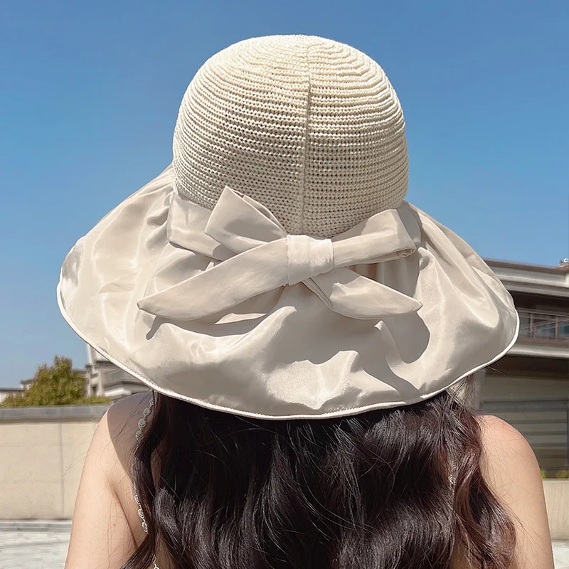 Women s summer anti uv bucket hat wide brim bow sunscreen cap lady outdoor beach tour thumb200