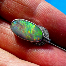 Earth mined Black Australian Opal Art Deco Diamond Pin 1920s Antique Pla... - $7,820.01