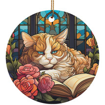 Cute Cat Book Ornament Multicolor Stained Glass Art Xmas Wreath Christmas Gift - £11.83 GBP