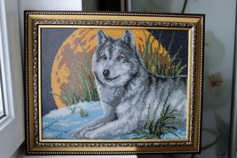 finished beaded picture handmade “A wolf against the background of a big... - $175.00