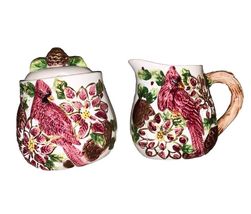 Vintage Vigor Christmas Red Cardinal Bird Sugar Bowl And Creamer Set Branch - $272.28 MXN