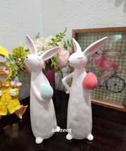 2PC Martha Stewart Easter Ceramic Bunny Rabbits With Eggs Figurines 10.5&quot; - £35.96 GBP