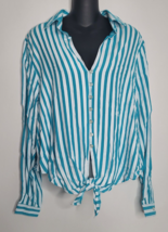 Womens Top Shirt Blouse 1X Alpha Amour NEW Button Blue White Striped Beach Tie - £12.98 GBP