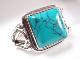 Elegant Turquoise Square Ring 925 Sterling Silver Solid and Heavy Sz 6.5 to 9 - £13.51 GBP+